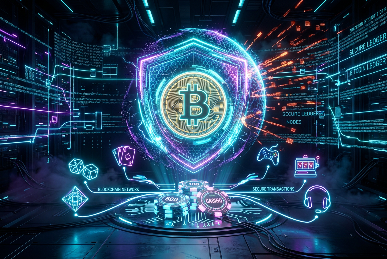 Futurystyczna wizualizacja blockchaina i kryptowalut w kontekście bezpieczeństwa gier online