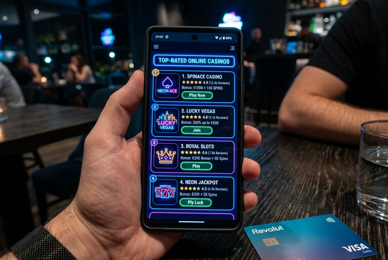Smartphone displaying a premium online casino ranking with a Revolut card nearby