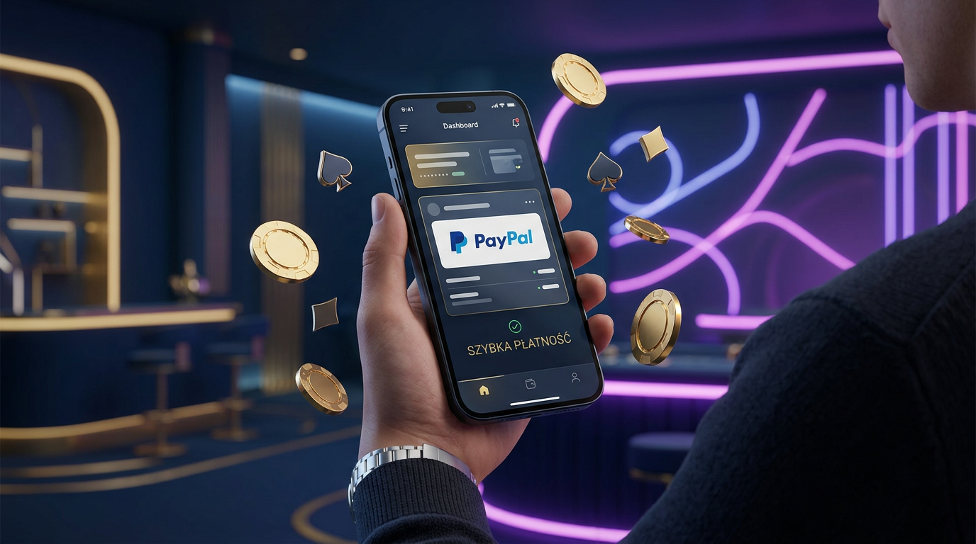 Logo PayPal i złote żetony kasynowe na tle cyfrowego kasyna