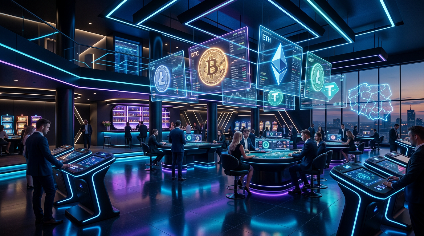 Nowoczesne krypto kasyno przyszłości z symbolami kryptowalut w technologii holograficznej
