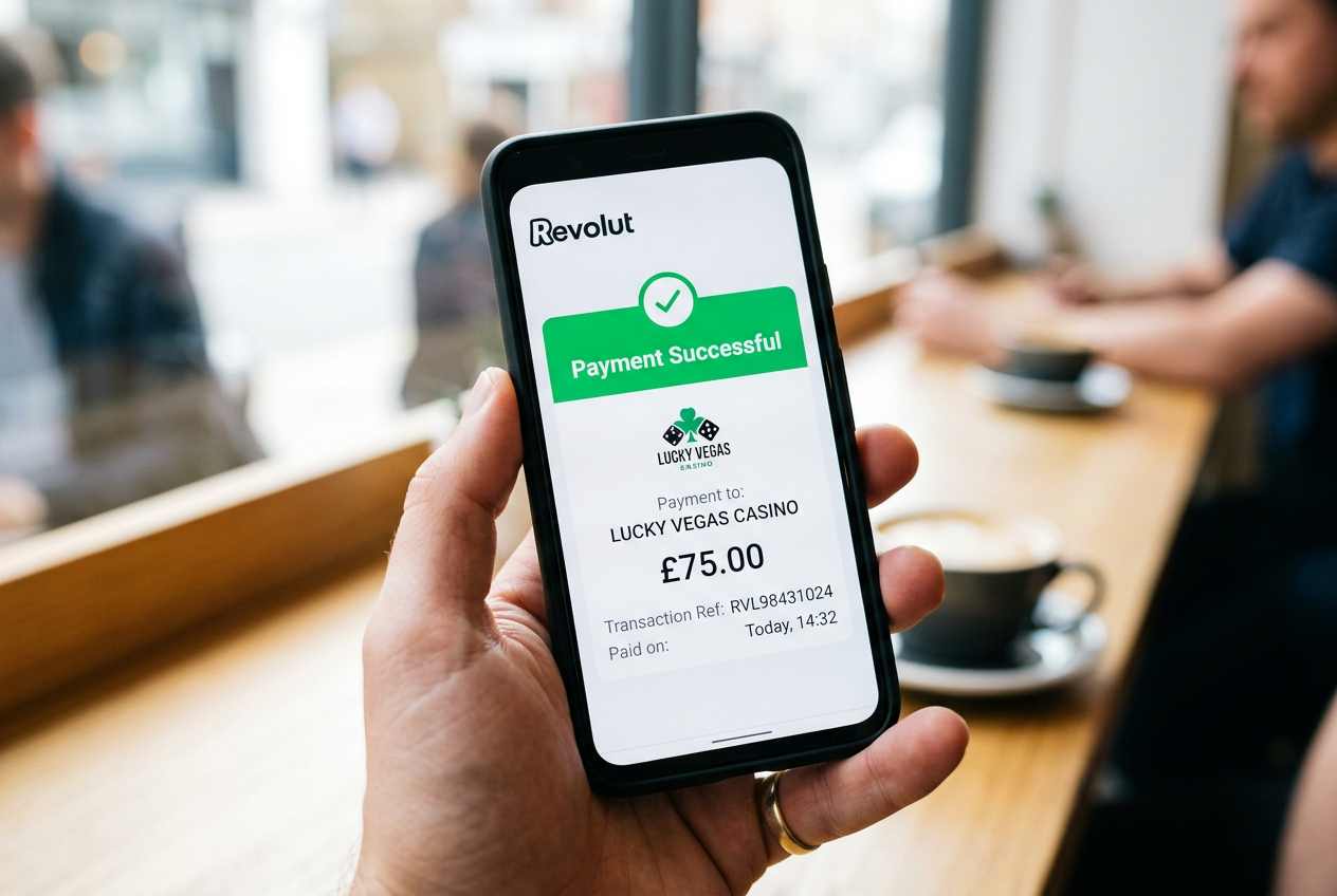 3D infographic of a successful Revolut payment confirmation on a smartphone screen